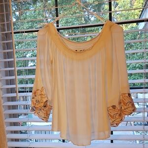 (3/$10) White Boho Blouse with Pretty Floral Accents